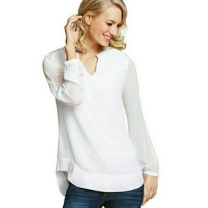 Cabi White Long Sleeve Sheer V Neck Blouse (M)